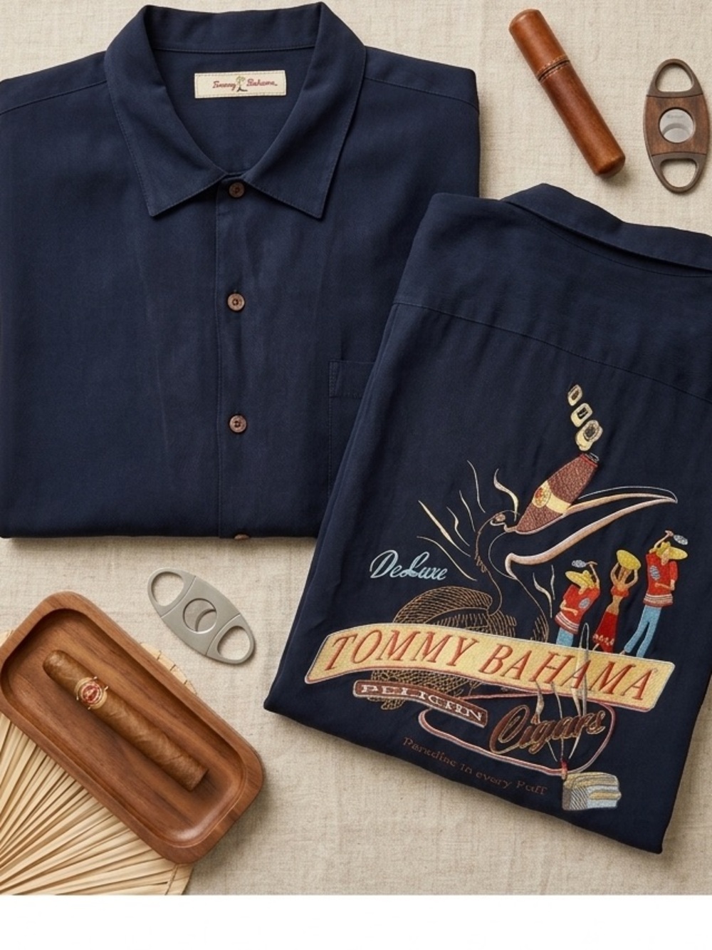 Vintage Tommy Bahama Pelican Cigars Embroidered Black Silk Shirt Men’s Large L